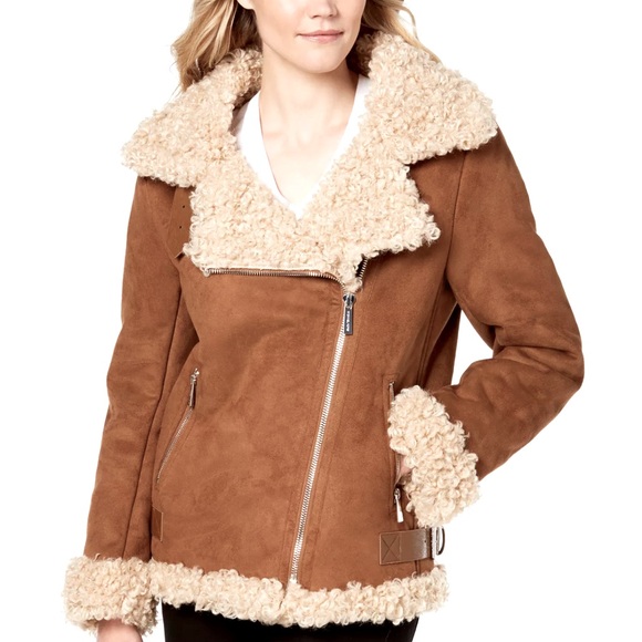 Michael Michael Kors Faux Suede Faux Fur Lined Trim Moto Jacket Womens Size XXL